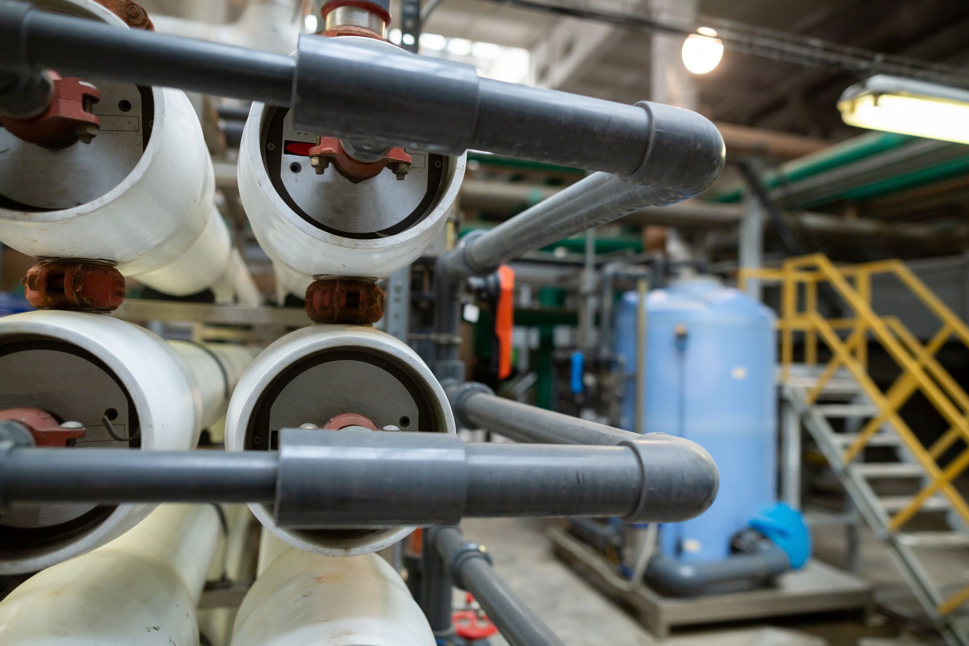 A large industrial set installation of reverse osmosis system and nanofiltration membranes for water treatment.
