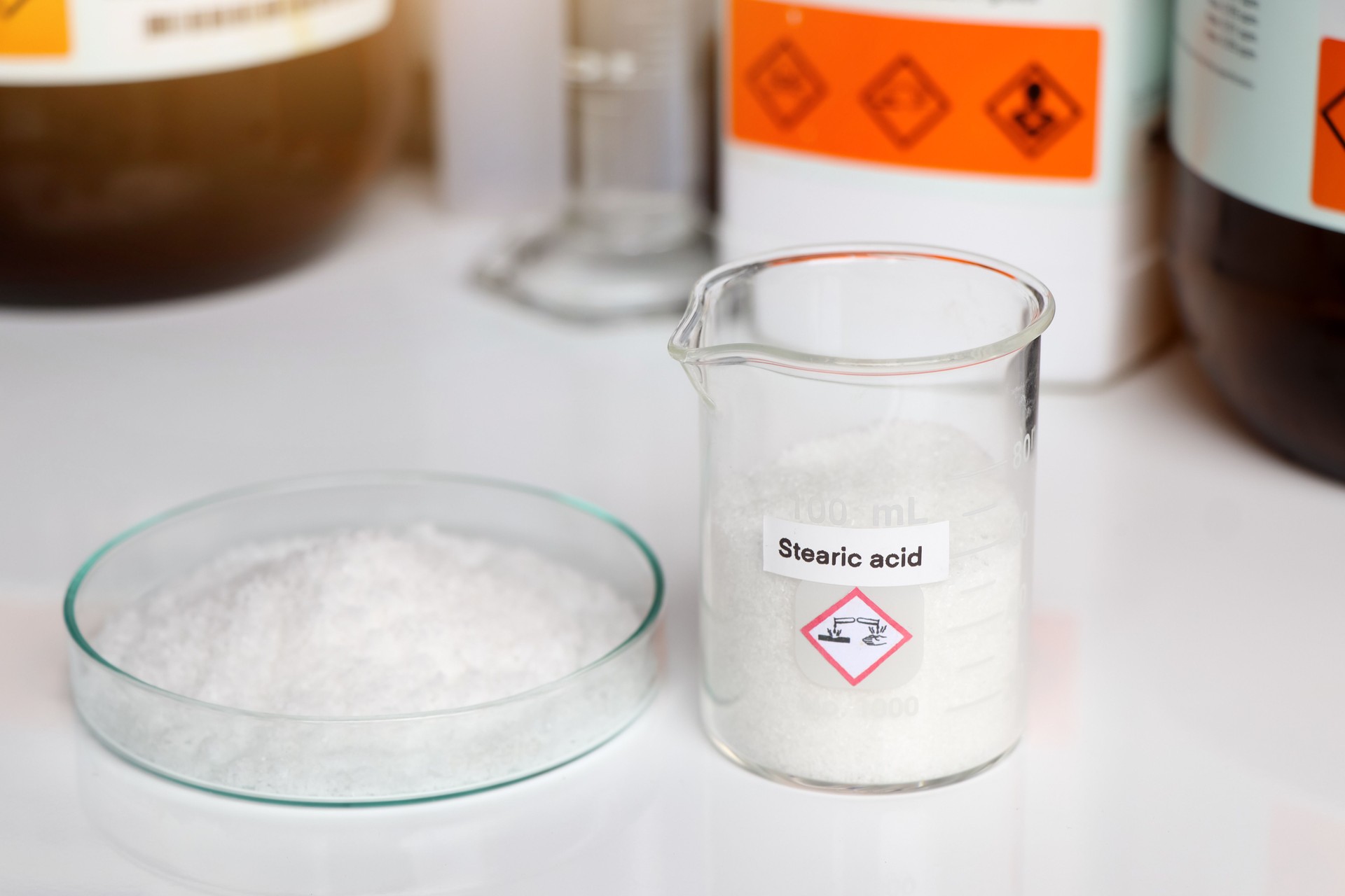stearic acid in glass, chemical in the laboratory